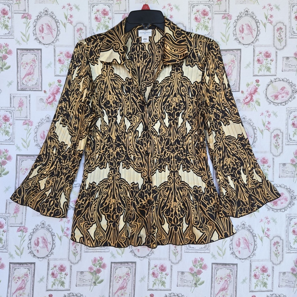 Vintage Jaclyn Smith Women's M Black Gold Baroque Paisley Silky Button Up Blouse